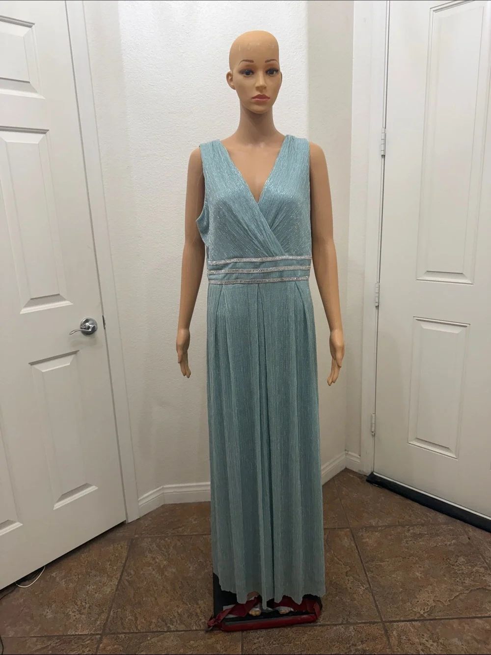 R&M Richards Light Seafoam Aqua Sleeveless V-Neck Maxi Dress Rhinestone Waist